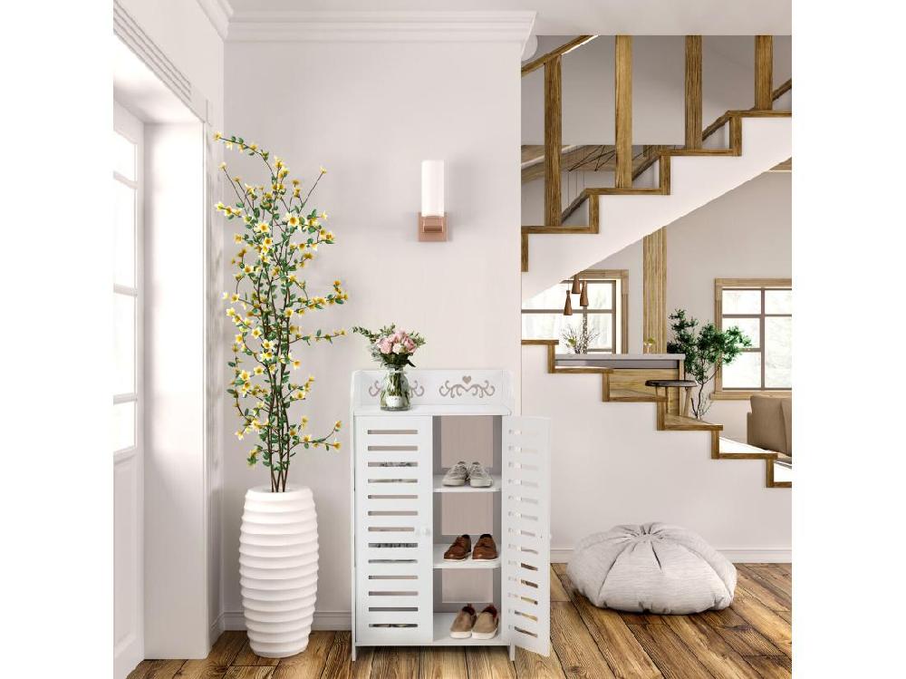 Vente Unique Meuble à Chaussures 4 Étagères Armoire à Chaussures D'entrée 2 Portes Conception De Motif Découpé 40x31x71cm Blanc