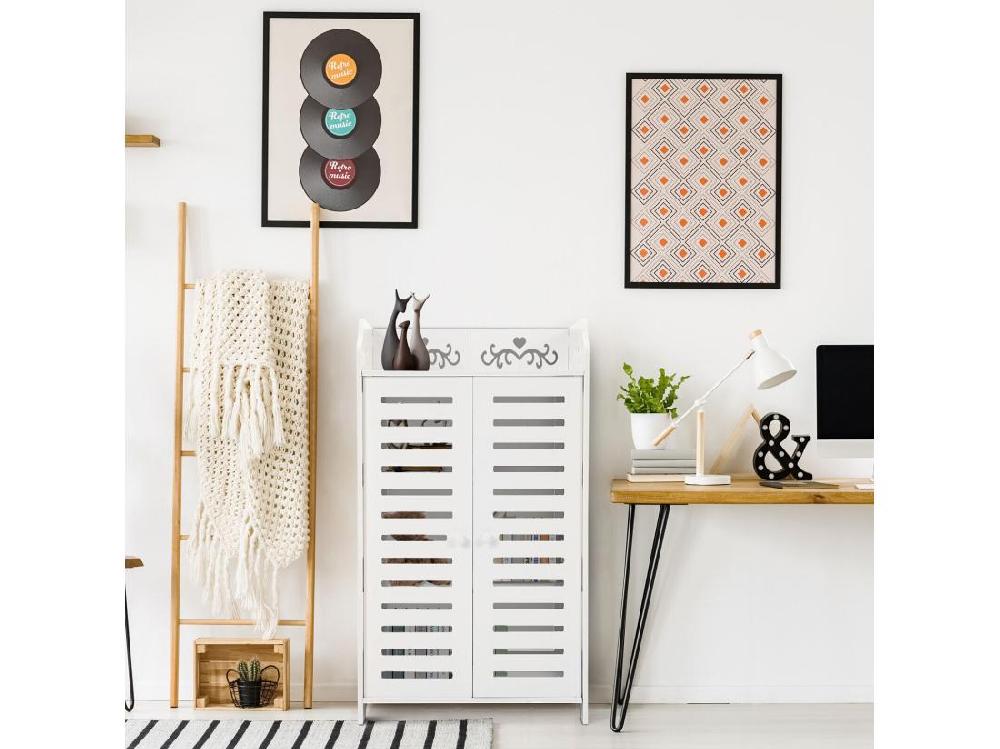 vente unique Meuble à Chaussures 4 Étagères Armoire à chaussures d'entrée 2 portes Conception de motif découpé 40x31x71cm Blanc vente unique Meuble à Chaussures 4 Étagères Armoire à chaussures d'entrée 2 portes Conception de motif découpé 40x31x71cm Blanc