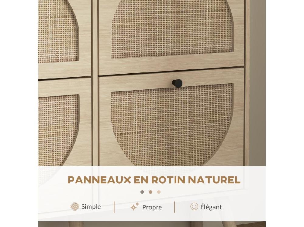Vente Unique Meuble à Chaussures 4 Portes Abattantes Style Bohème - Façades Motif Semi-circulaire Rotin - Pieds Bois Aspect Chêne Clair