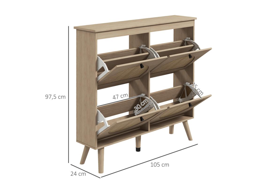 Vente Unique Meuble à Chaussures 4 Portes Abattantes Style Bohème - Façades Motif Semi-circulaire Rotin - Pieds Bois Aspect Chêne Clair