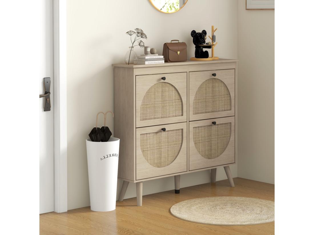 vente unique Meuble à chaussures 4 portes abattantes style bohème - façades motif semi-circulaire rotin - pieds bois aspect chêne clair vente unique Meuble à chaussures 4 portes abattantes style bohème - façades motif semi-circulaire rotin - pieds bois aspect chêne clair
