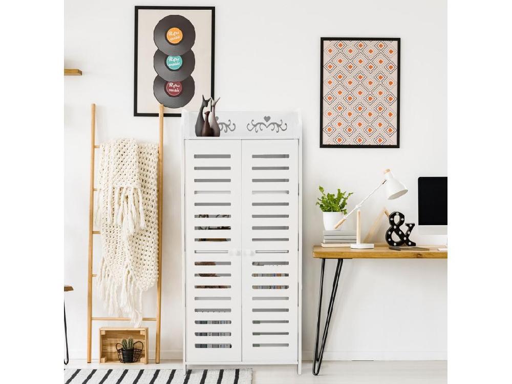 Vente Unique Meuble à Chaussures 5 Étagères Armoire à Chaussures D'entrée 2 Portes Conception De Motif Découpé 40x31x90cm Blanc