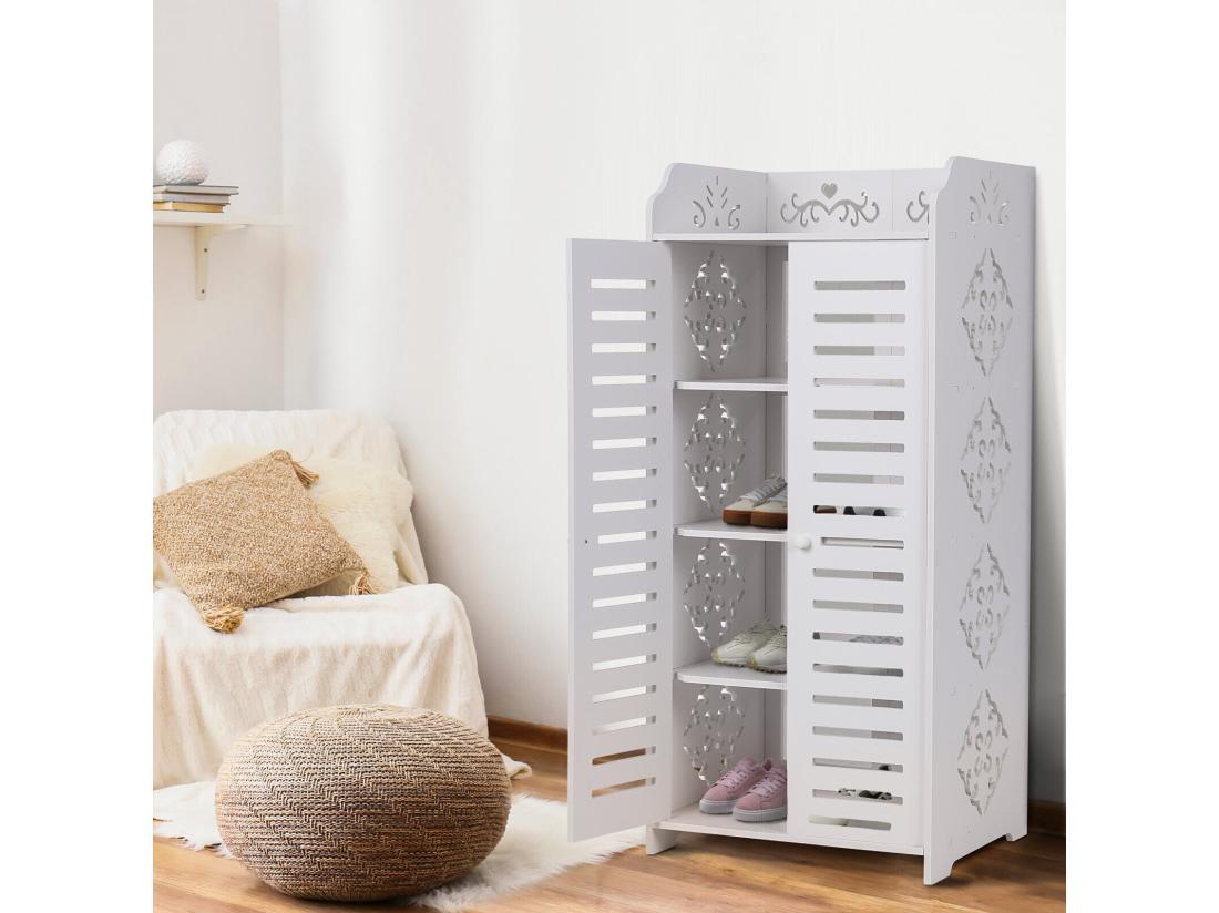 Vente Unique Meuble à Chaussures 5 Étagères Armoire à Chaussures D'entrée 2 Portes Conception De Motif Découpé 40x31x90cm Blanc