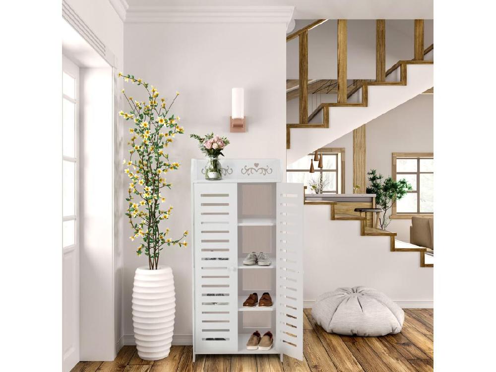 Vente Unique Meuble à Chaussures 5 Étagères Armoire à Chaussures D'entrée 2 Portes Conception De Motif Découpé 40x31x90cm Blanc
