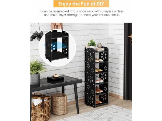 Vente Unique Meuble à Chaussures 6 Niveaux En Bois Plastique Étagère De Rangement à Chaussures Motif Découpé Déco 26x25x81CM Noir