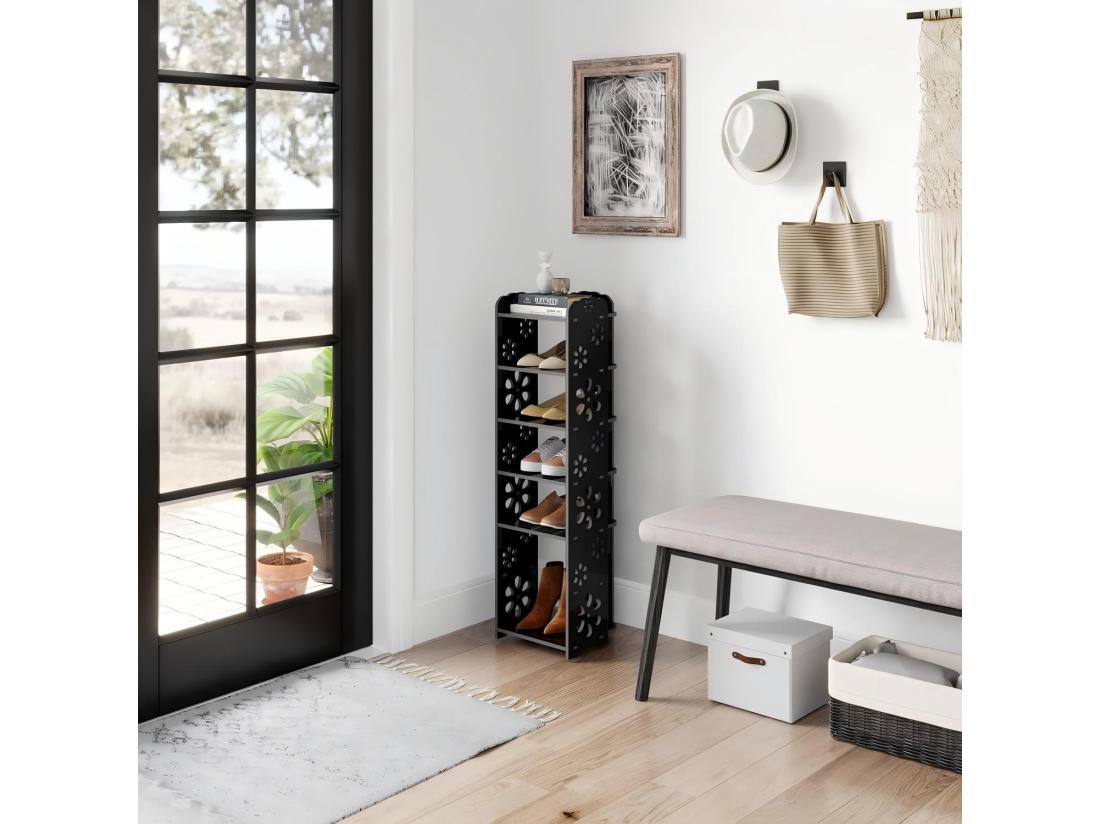 Vente Unique Meuble à Chaussures 6 Niveaux En Bois Plastique Étagère De Rangement à Chaussures Motif Découpé Déco 26x25x81CM Noir