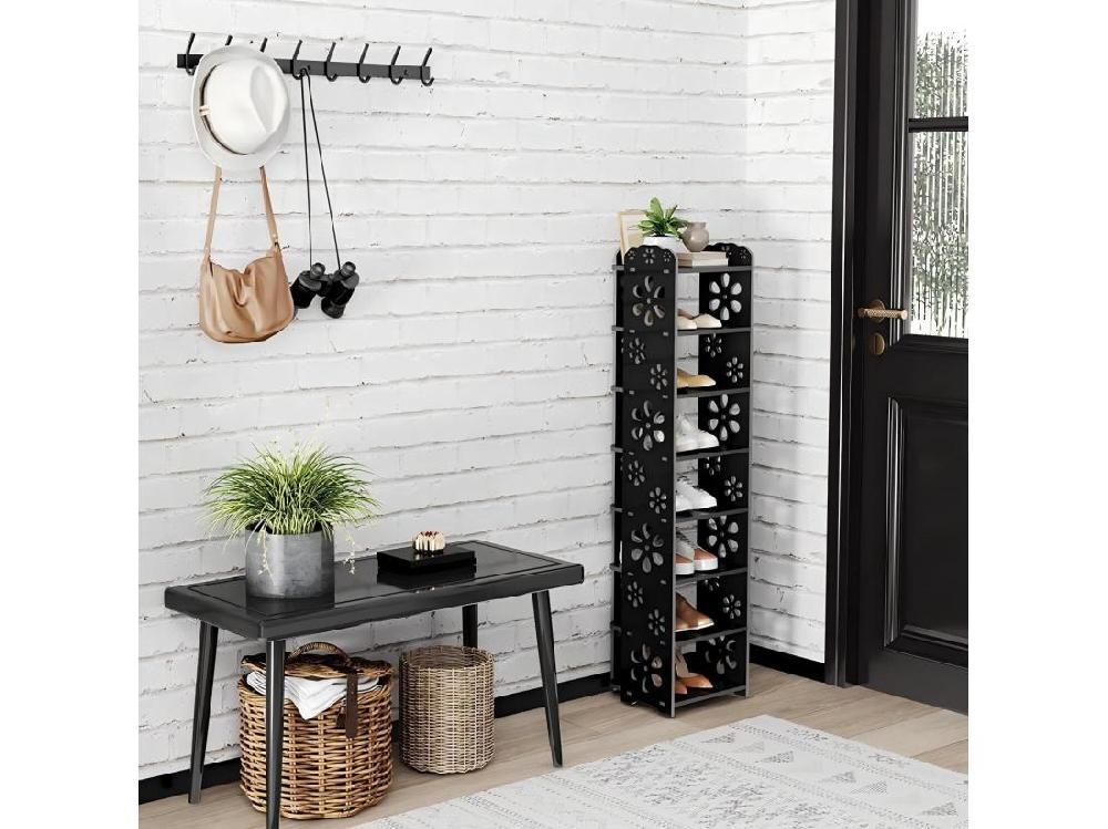 Vente Unique Meuble à Chaussures 8 Niveaux En Bois Plastique Étagère De Rangement à Chaussures Motif Découpé Déco 26x25x111CM Noir