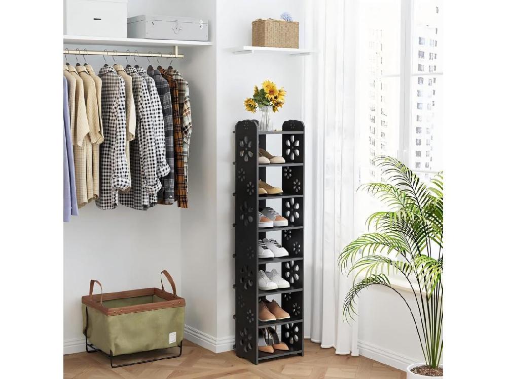 Vente Unique Meuble à Chaussures 8 Niveaux En Bois Plastique Étagère De Rangement à Chaussures Motif Découpé Déco 26x25x111CM Noir