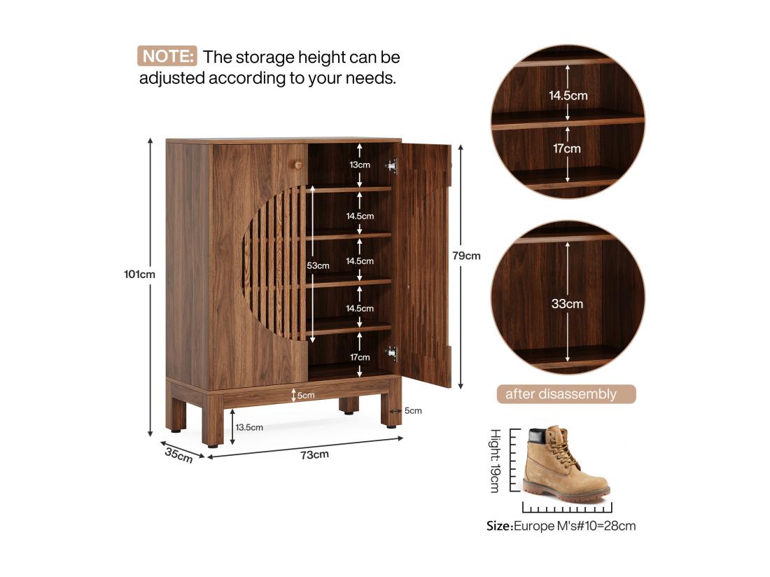 Vente Unique Meuble à Chaussures à 5 Niveaux Avec Portes Rondes à Persiennes Avec étagères Réglables
