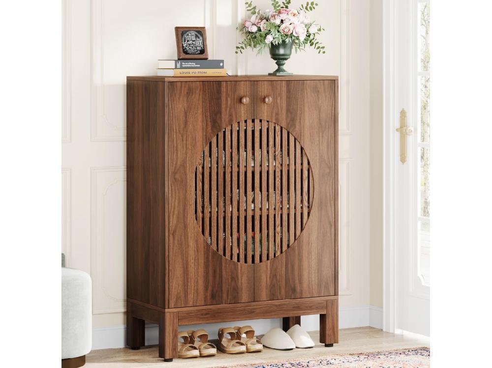 Vente Unique Meuble à Chaussures à 5 Niveaux Avec Portes Rondes à Persiennes Avec étagères Réglables