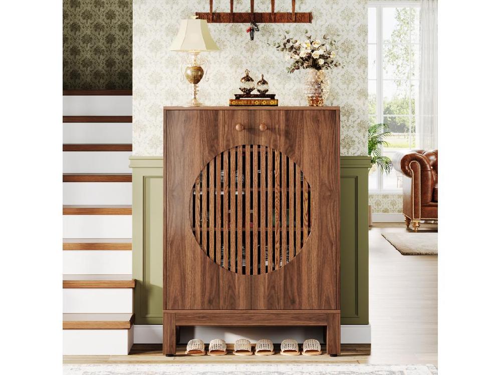 Vente Unique Meuble à Chaussures à 5 Niveaux Avec Portes Rondes à Persiennes Avec étagères Réglables