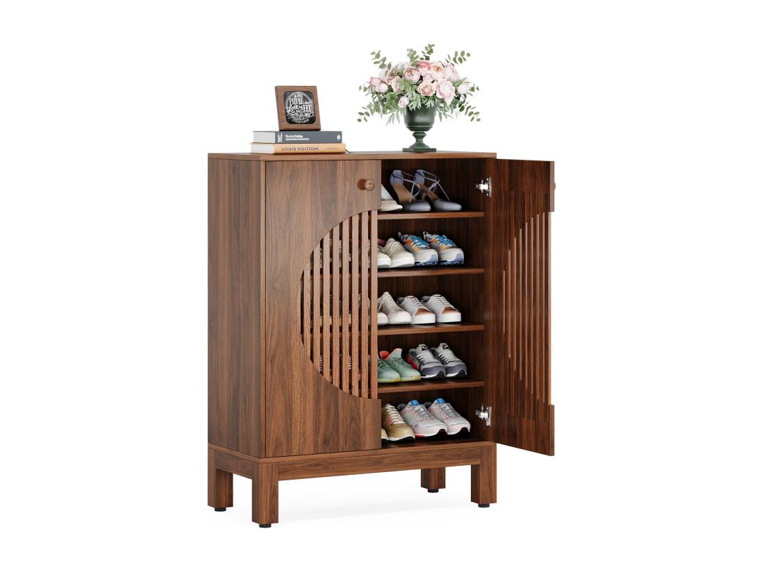 vente unique Meuble à Chaussures à 5 Niveaux avec Portes Rondes à persiennes avec étagères réglables