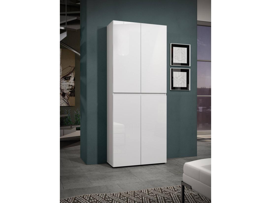Vente Unique Meuble à Chaussures Alberton Meuble à Chaussures Armoire D'entrée Polyvalente Rangement Pour Chaussures Made In Italy 80x34h200 Cm Blanc Brillant