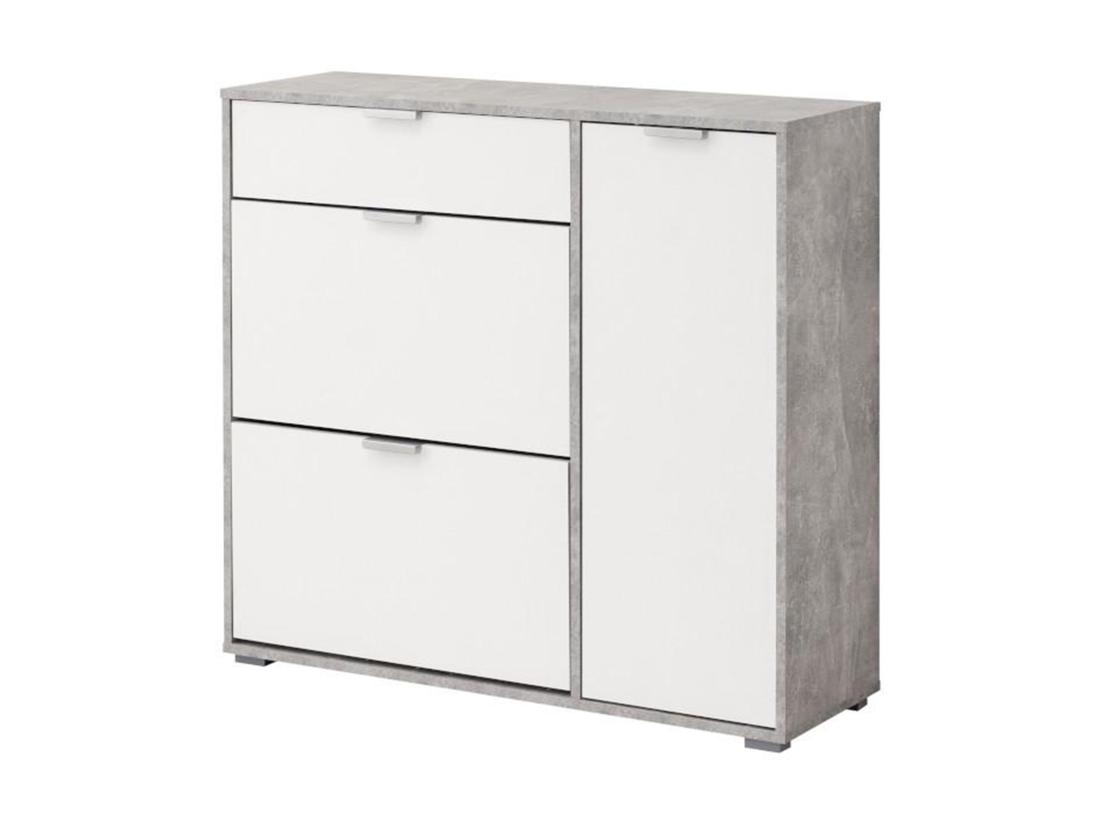 Vente Unique Meuble à Chaussures ARIETTA - 2 Compartiments Abattants 1 Porte & 1 Tiroir - Coloris Blanc & Béton
