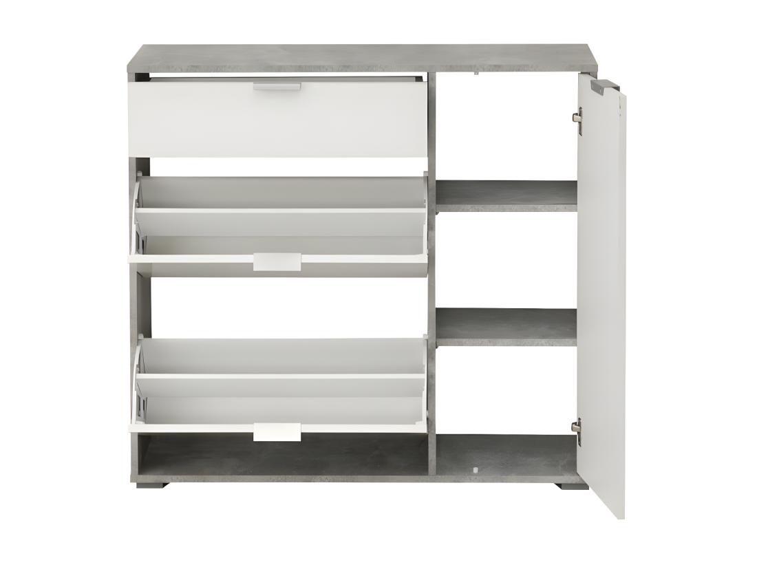 Vente Unique Meuble à Chaussures ARIETTA - 2 Compartiments Abattants 1 Porte & 1 Tiroir - Coloris Blanc & Béton