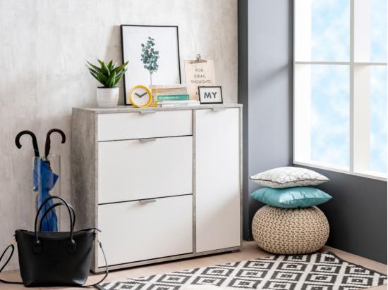 vente unique Meuble à chaussures ARIETTA - 2 compartiments abattants 1 porte & 1 tiroir - Coloris Blanc & béton