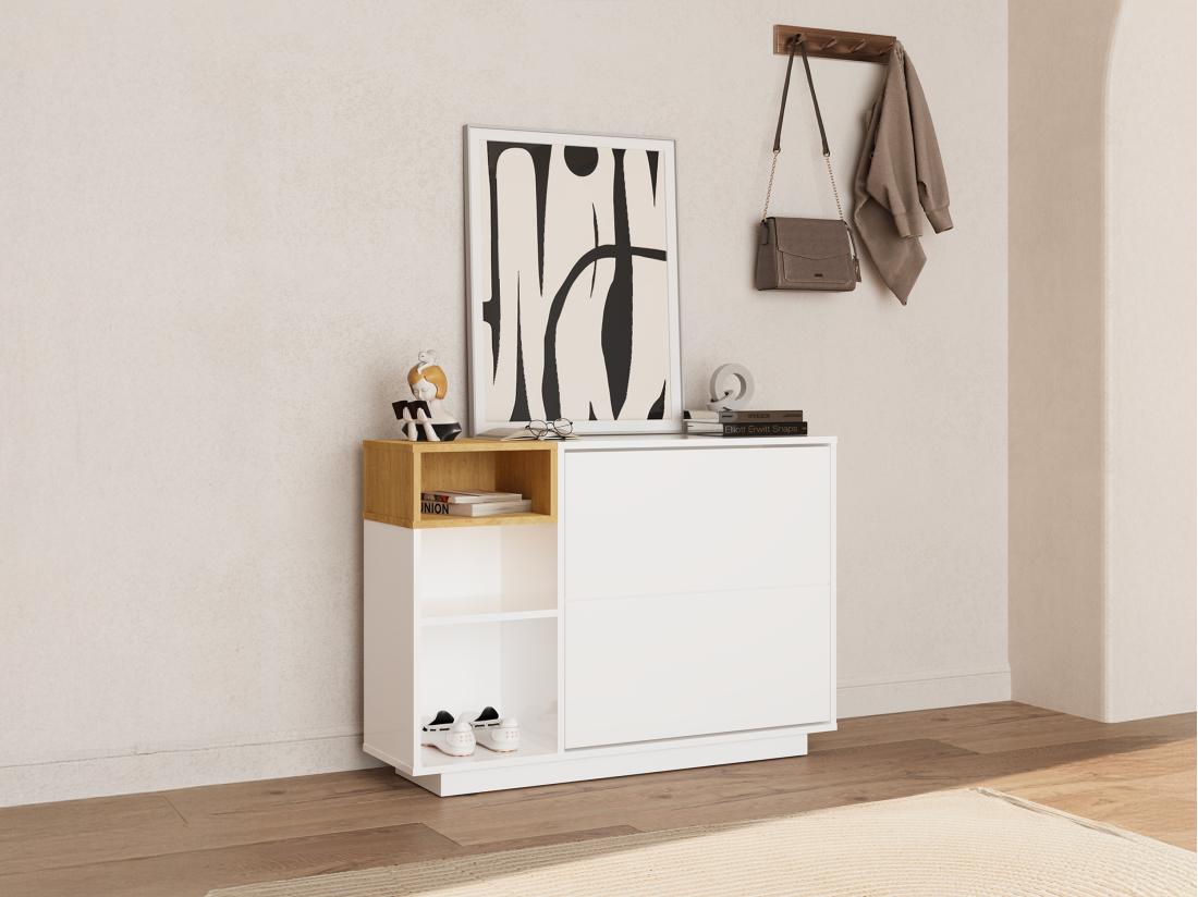 vente unique Meuble à chaussures avec 2 compartiments abattants et 3 niches - Blanc et naturel - VYLARA
