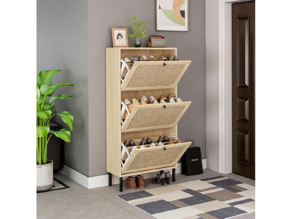 Vente Unique Meuble à Chaussures Avec 3 Porte En Rotin Métallique Fabriqués Avec Des Fers à Repasser Et MDF 60x23.5x104.5cm Naturel