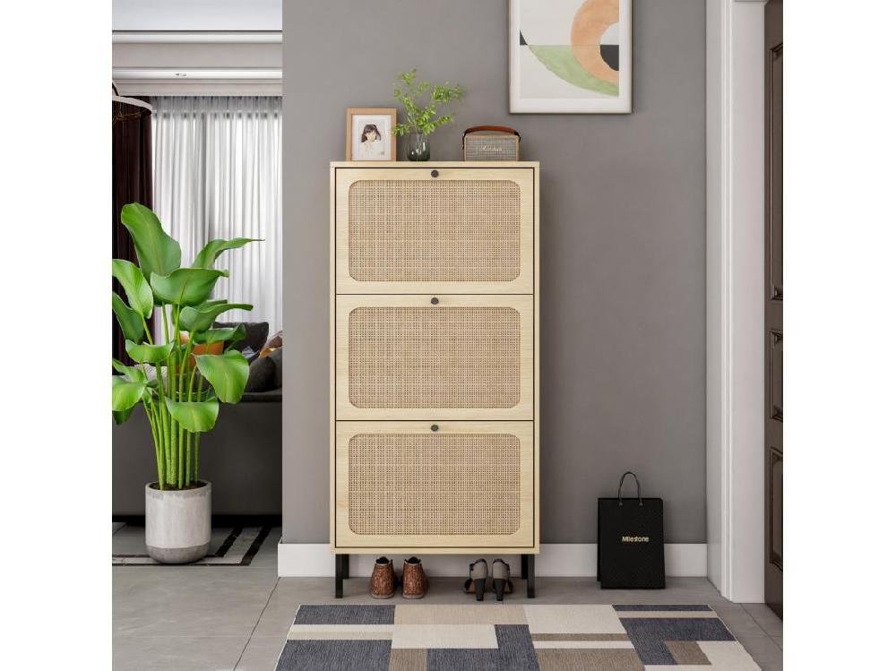 vente unique Meuble à chaussures avec 3 Porte en rotin métallique fabriqués avec des fers à repasser et MDF 60x23.5x104.5cm Naturel
