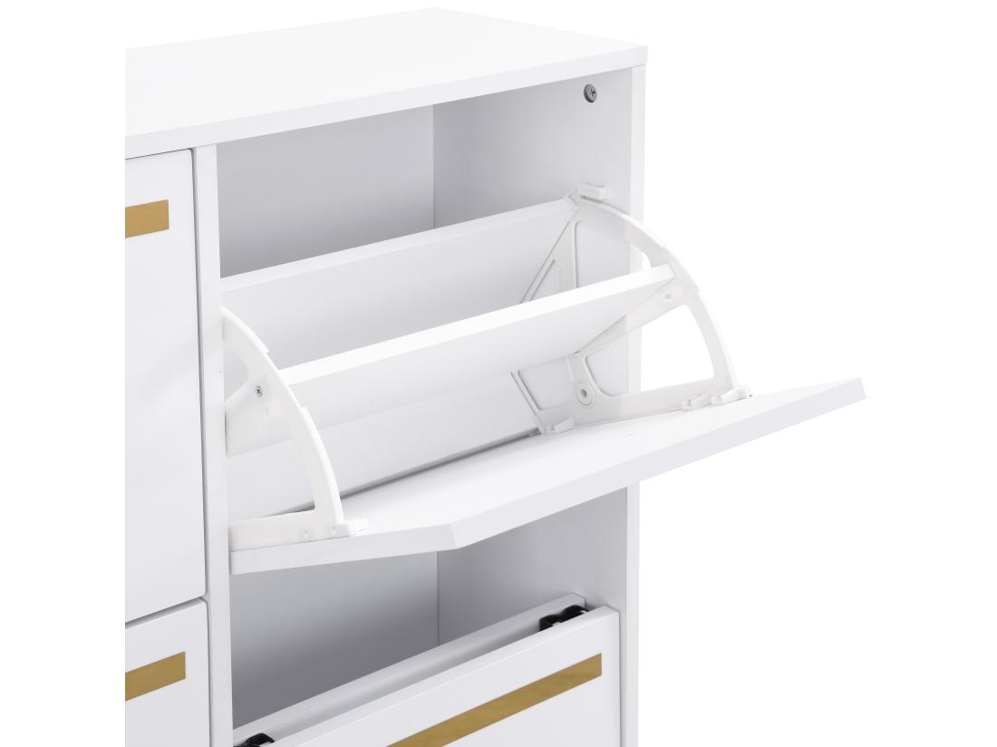 Vente Unique Meuble à Chaussures Avec Banc Pliable - 3 Portes Abattantes - Blanc & Doré