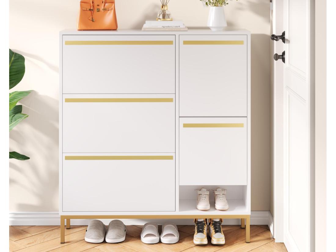 Vente Unique Meuble à Chaussures Avec Banc Pliable - 3 Portes Abattantes - Blanc & Doré