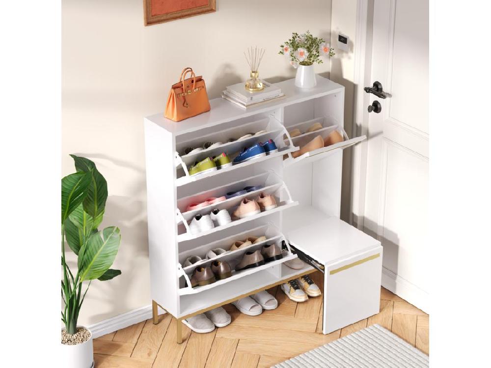 Vente Unique Meuble à Chaussures Avec Banc Pliable - 3 Portes Abattantes - Blanc & Doré
