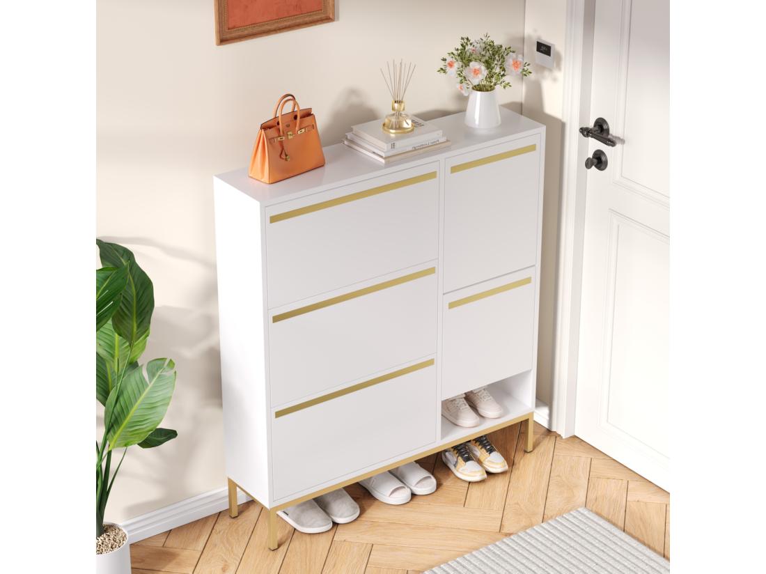 vente unique Meuble à chaussures avec banc pliable - 3 portes abattantes - Blanc & Doré