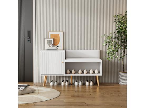 Vente Unique Meuble à Chaussures- Avec Banquette Et 2 Compartiments - Avec Poignées Et Pieds En Métal - Style Moderne - Blanc