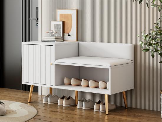 vente unique Meuble à chaussures- avec banquette et 2 compartiments - avec poignées et pieds en métal - style moderne - Blanc