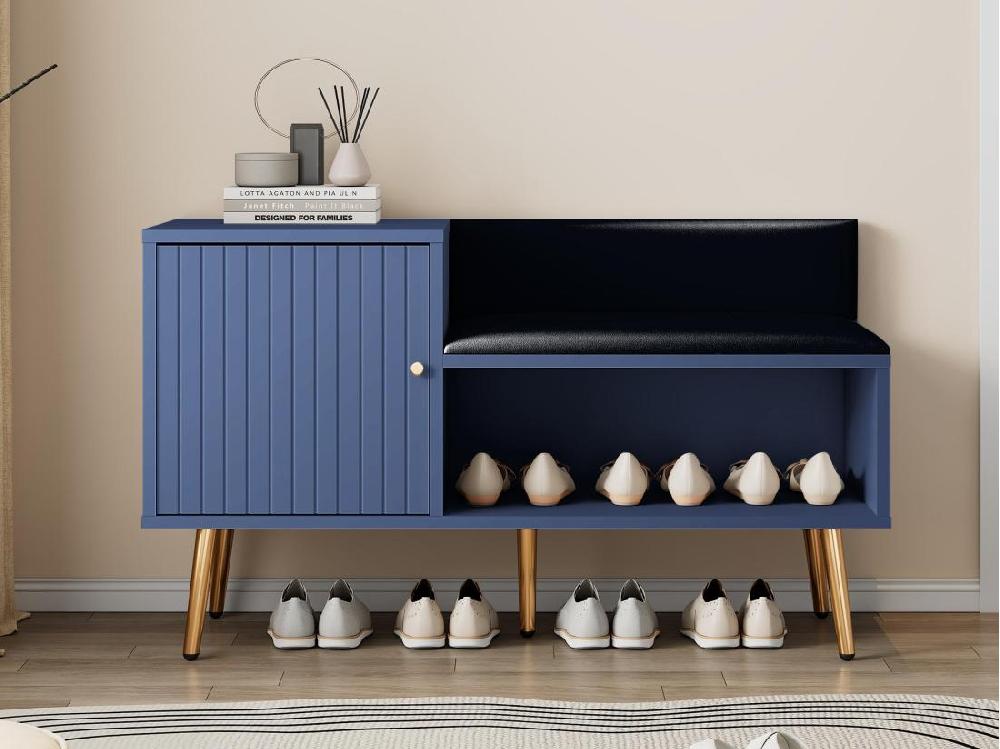 Vente Unique Meuble à Chaussures - Avec Banquette Et 2 Compartiments - Avec Poignées Et Pieds En Métal - Style Moderne - Bleu