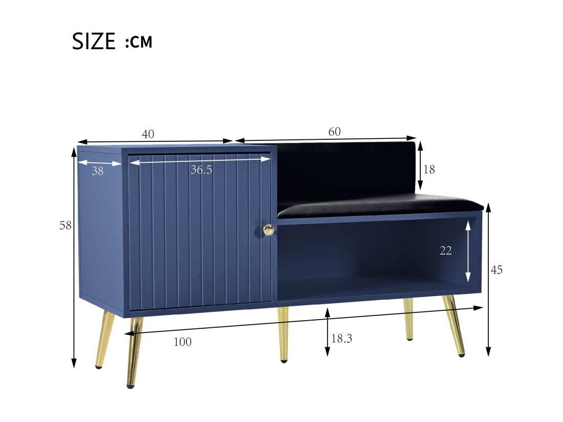 Vente Unique Meuble à Chaussures - Avec Banquette Et 2 Compartiments - Avec Poignées Et Pieds En Métal - Style Moderne - Bleu