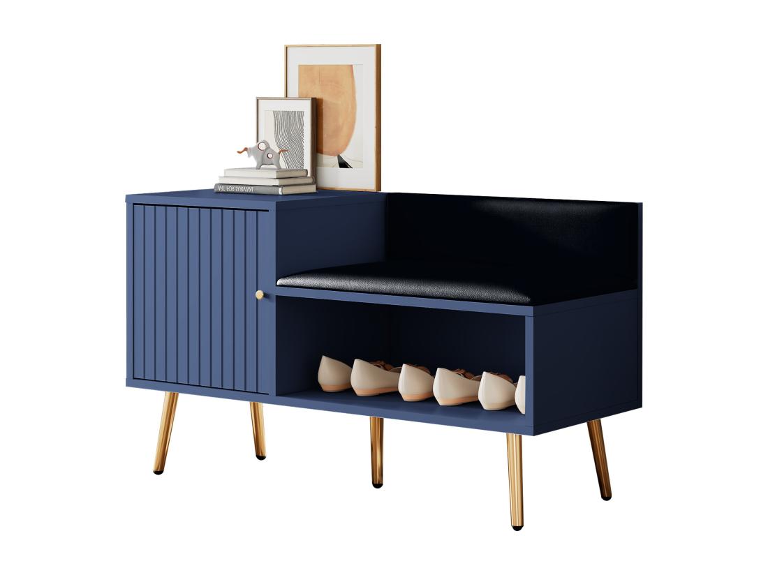 vente unique Meuble à chaussures - avec banquette et 2 compartiments - avec poignées et pieds en métal - style moderne - Bleu