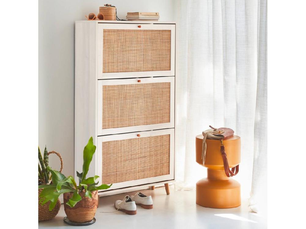Vente Unique Meuble à Chaussures Blanc. 3 Abattants En Cannage. Bohème. L 75 X P 26 X H 131cm