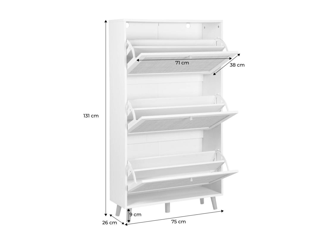 Vente Unique Meuble à Chaussures Blanc. 3 Abattants En Cannage. Bohème. L 75 X P 26 X H 131cm