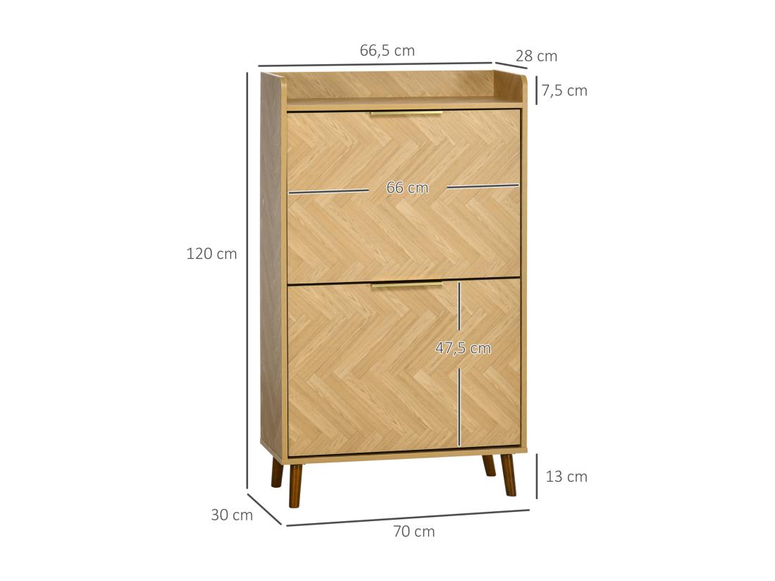Vente Unique Meuble à Chaussures Design Scandinave 2 Portes Abattantes 3 étagères Piètement Effilé Incliné Bois Hévéa Panneaux Aspect Chêne Clair Chevrons