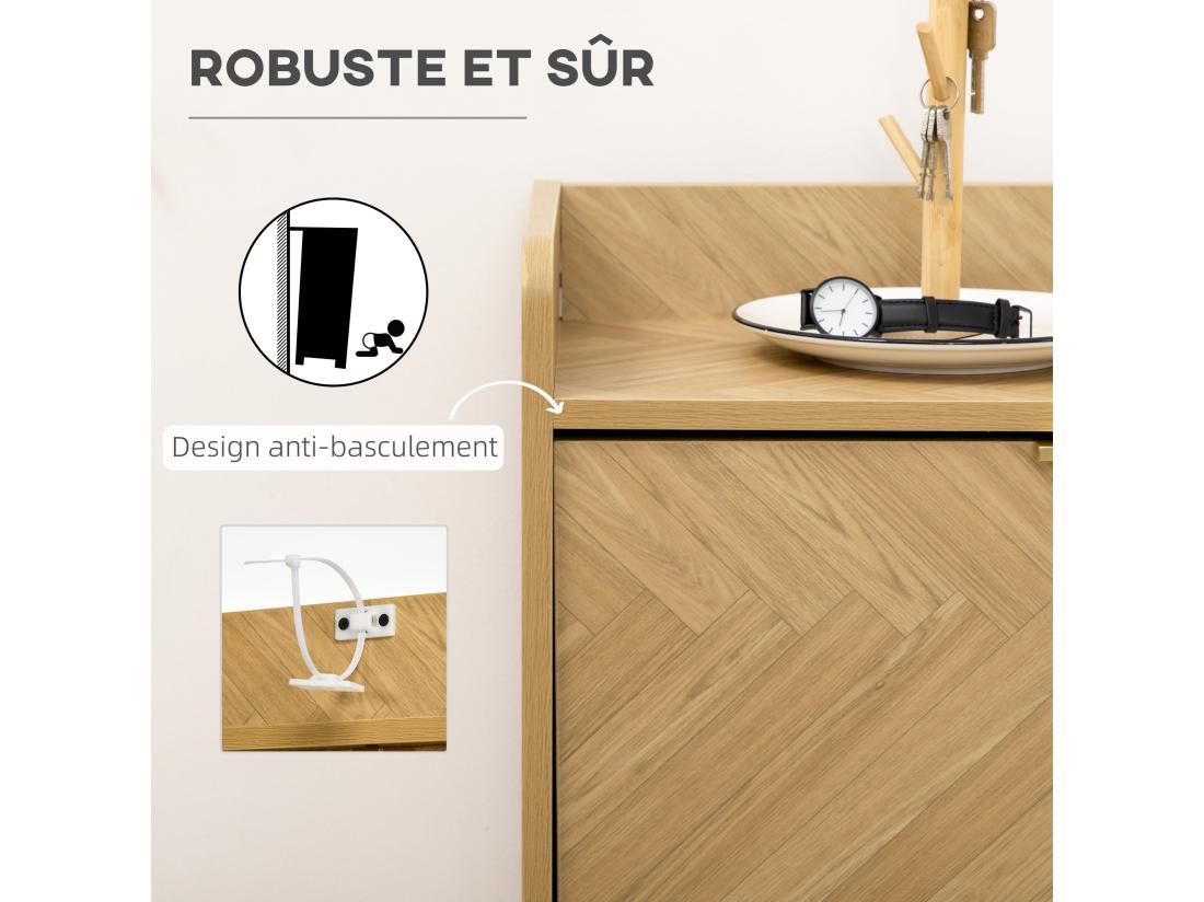 Vente Unique Meuble à Chaussures Design Scandinave 2 Portes Abattantes 3 étagères Piètement Effilé Incliné Bois Hévéa Panneaux Aspect Chêne Clair Chevrons