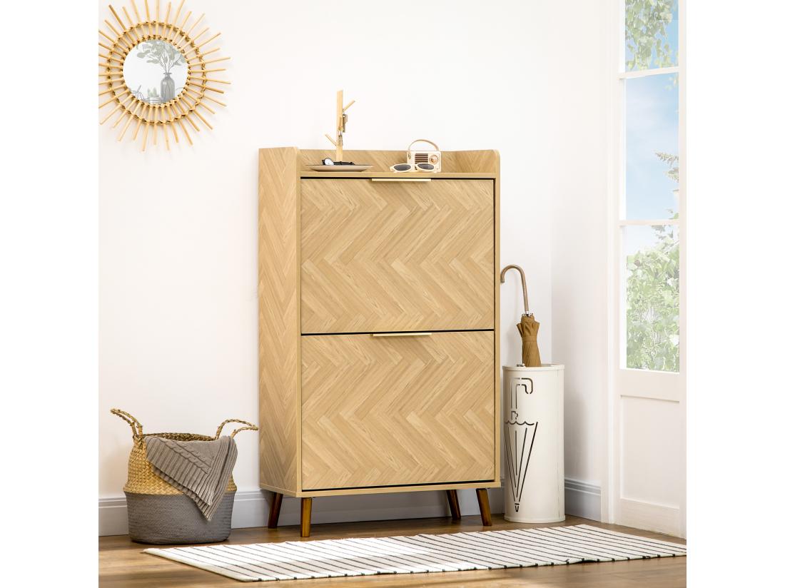 Vente Unique Meuble à Chaussures Design Scandinave 2 Portes Abattantes 3 étagères Piètement Effilé Incliné Bois Hévéa Panneaux Aspect Chêne Clair Chevrons