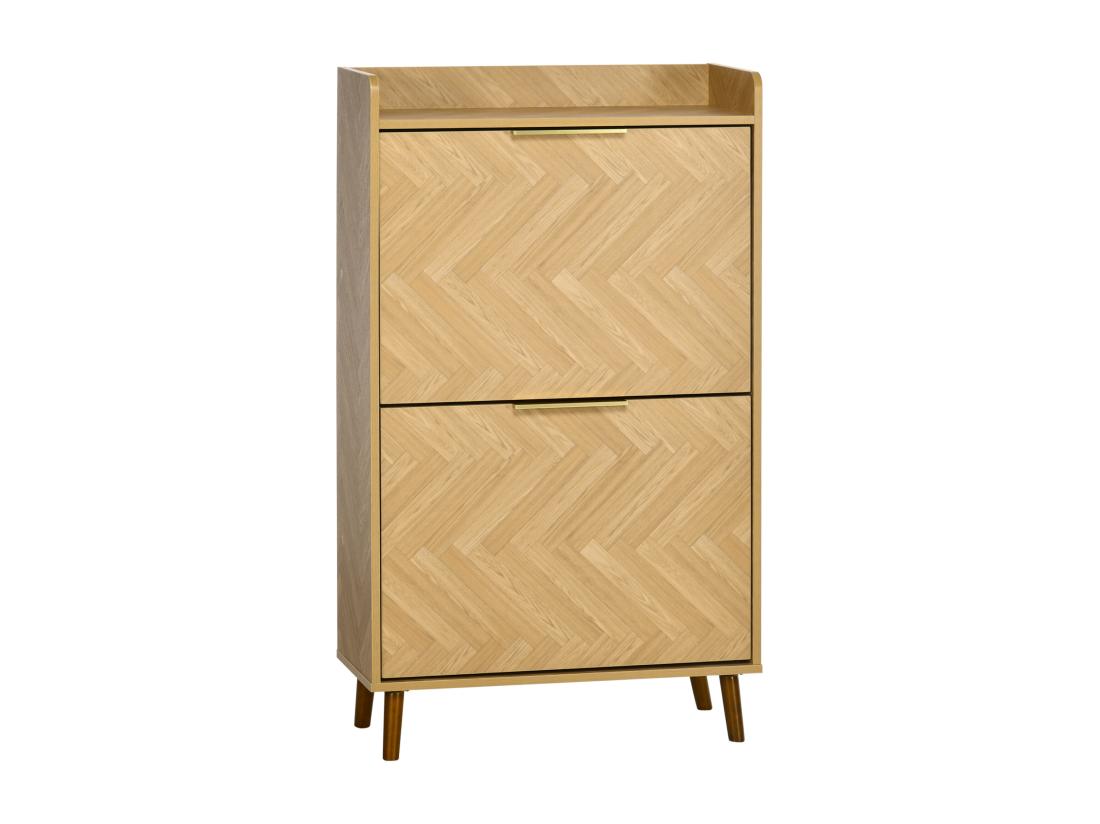 vente unique Meuble à chaussures design scandinave 2 portes abattantes 3 étagères piètement effilé incliné bois hévéa panneaux aspect chêne clair chevrons