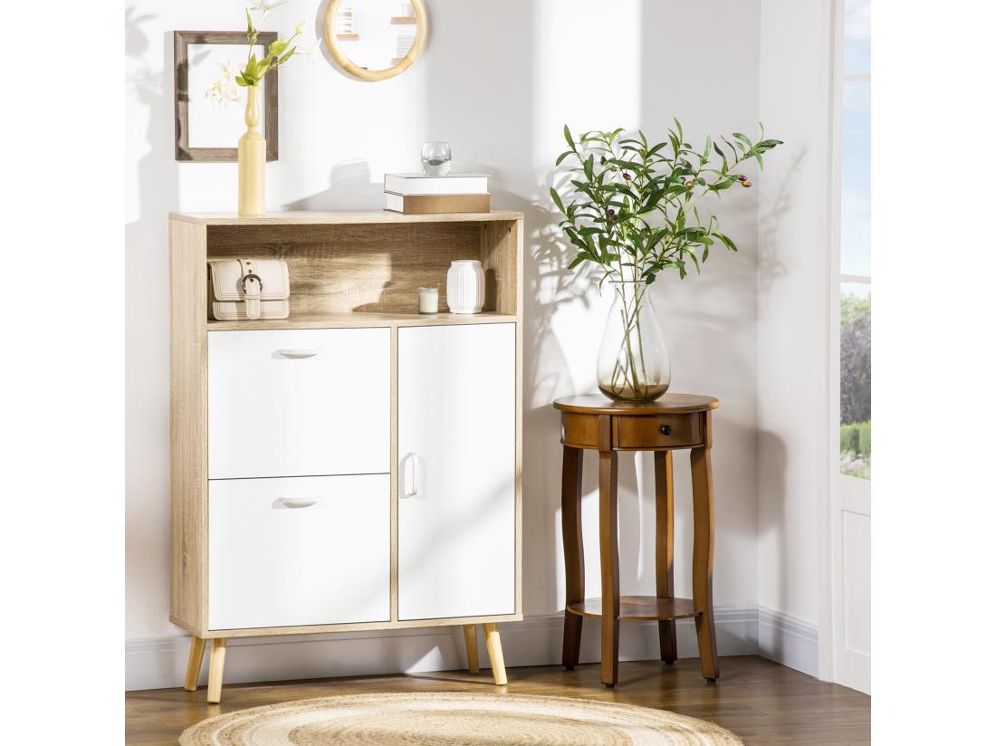 Vente Unique Meuble à Chaussures Design Scandinave Placard 3 Portes 3 étagères Niche Piètement Effilé Incliné Bois Panneaux Aspect Chêne Clair