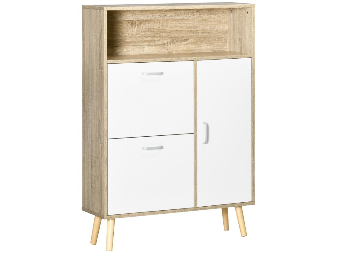 Vente Unique Meuble à Chaussures Design Scandinave Placard 3 Portes 3 étagères Niche Piètement Effilé Incliné Bois Panneaux Aspect Chêne Clair