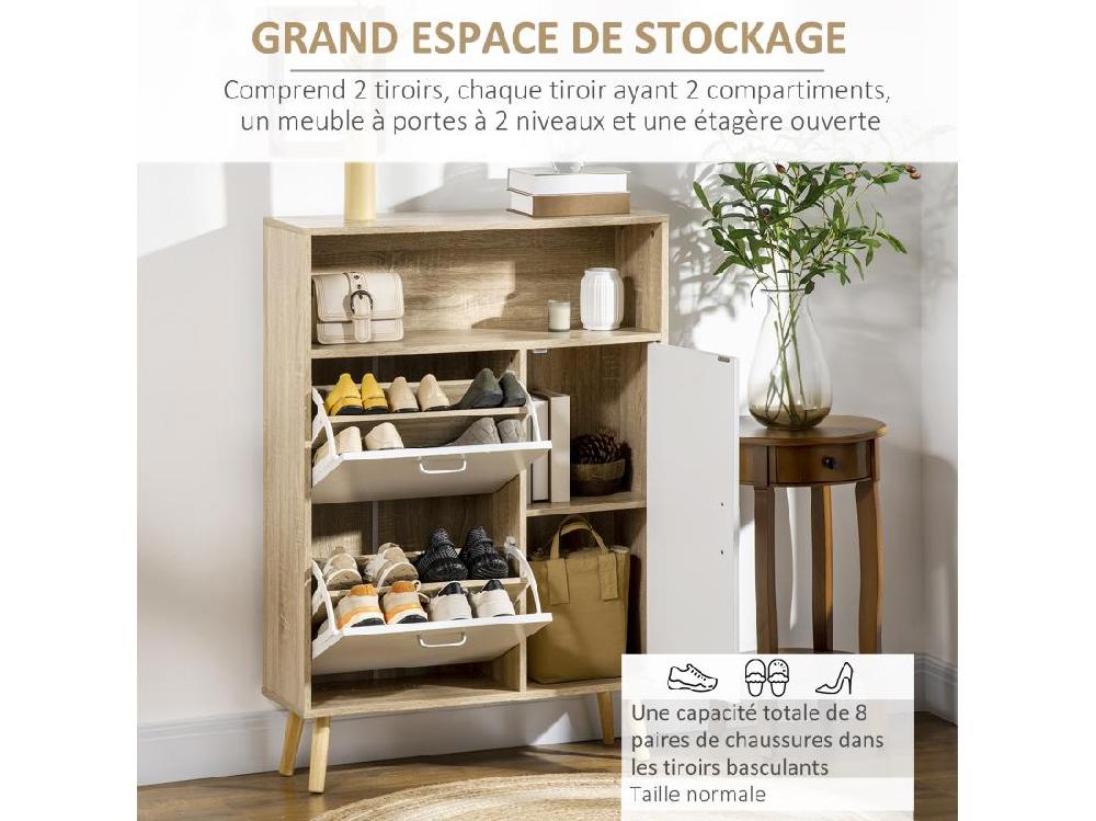vente unique Meuble à chaussures design scandinave placard 3 portes 3 étagères niche piètement effilé incliné bois panneaux aspect chêne clair