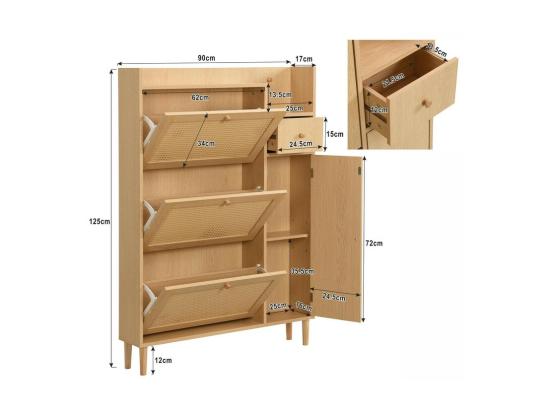 Vente Unique Meuble à Chaussures En Bois Et Rotin - 3 Portes Abattants Et 1 Tiroir - étagère Réglable - Naturel