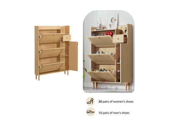 vente unique Meuble à chaussures en bois et rotin - 3 portes abattants et 1 tiroir - étagère réglable - Naturel