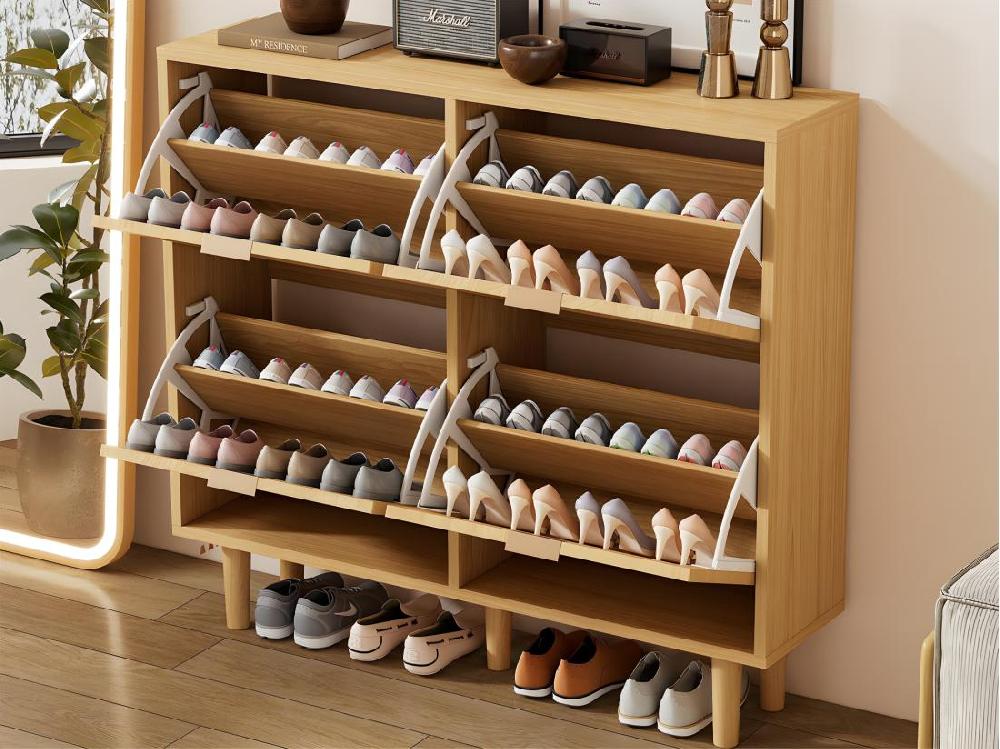 Vente Unique Meuble à Chaussures En Bois Et Rotin - 4 Portes Abattants - Naturel