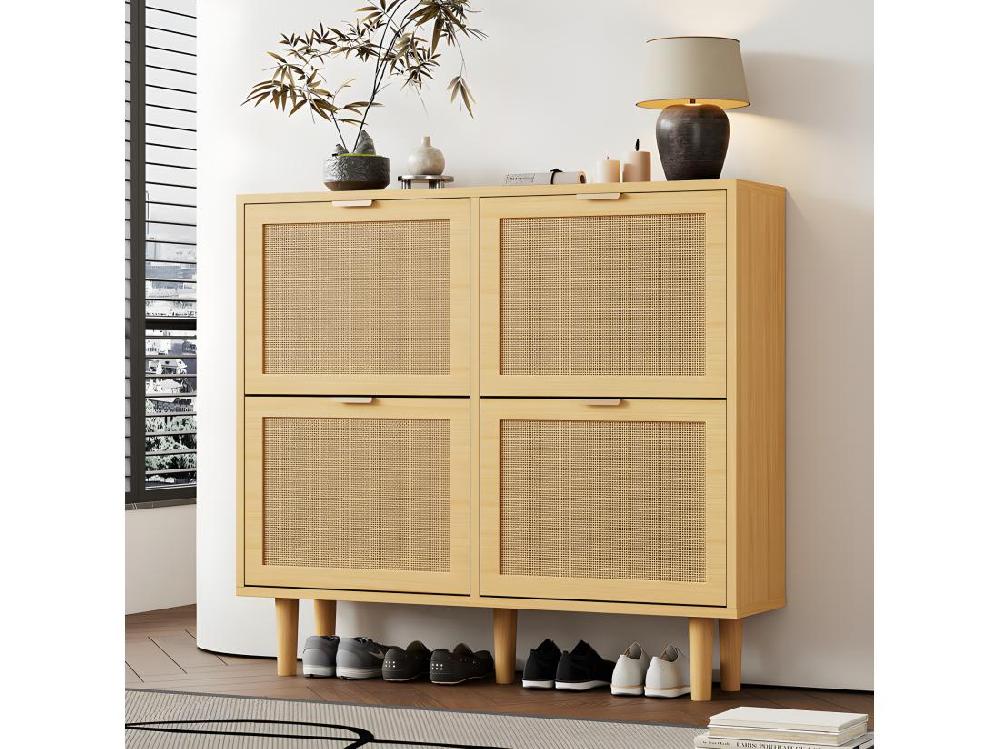 vente unique Meuble à chaussures en bois et rotin - 4 portes abattants - Naturel