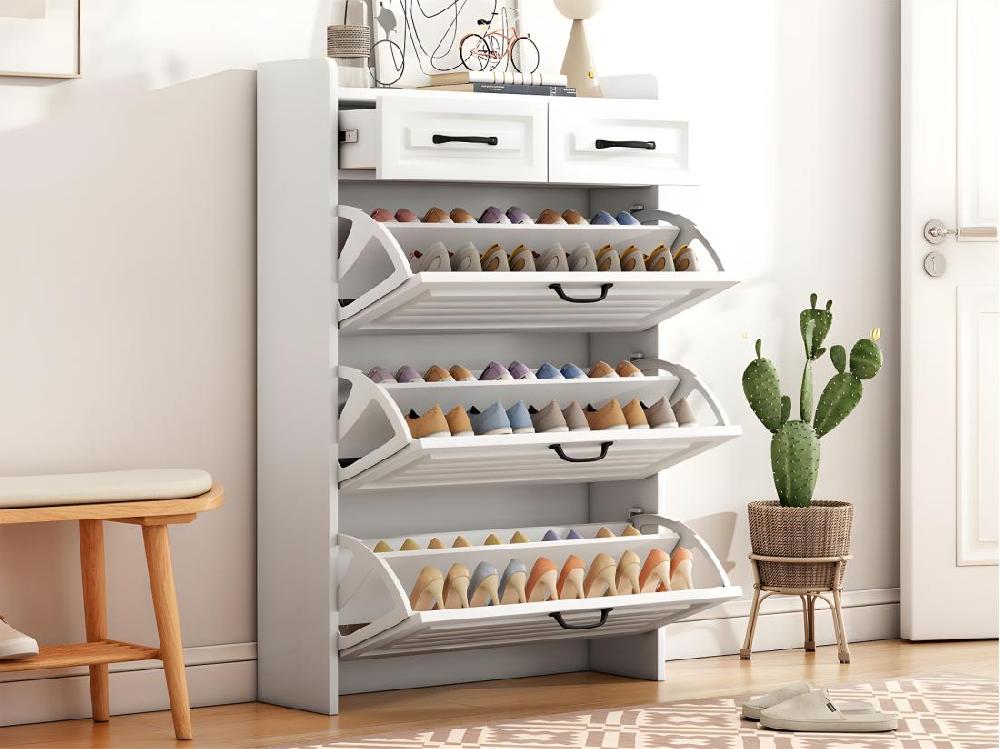 Vente Unique Meuble à Chaussures En Panneau De Particule - 3 Portes Abattants Et 2 Tiroirs - Blanc