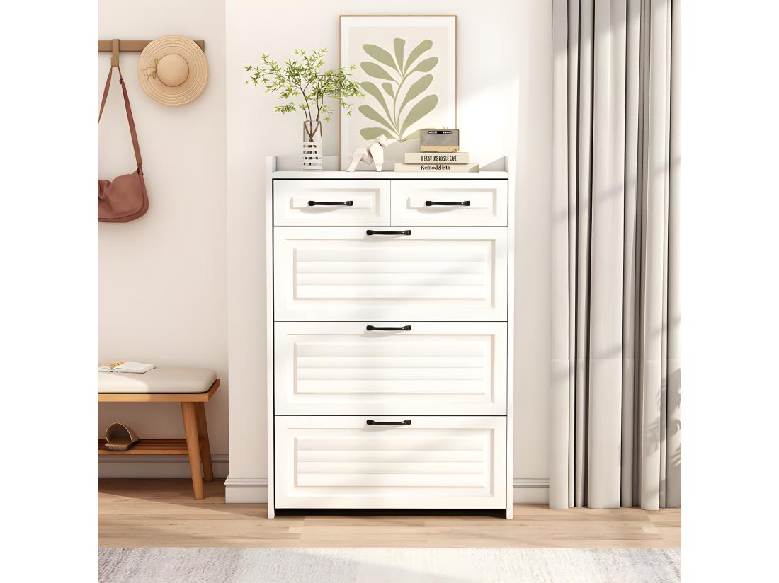 Vente Unique Meuble à Chaussures En Panneau De Particule - 3 Portes Abattants Et 2 Tiroirs - Blanc