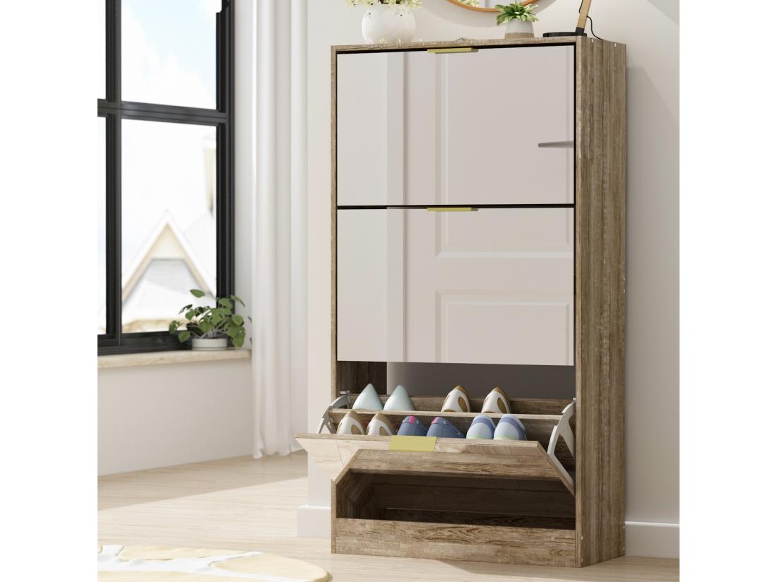 Vente Unique Meuble à Chaussures Miroir Avec 3 Abattants 5 Niveaux 12 Paires 107.5x54x24cm Bois
