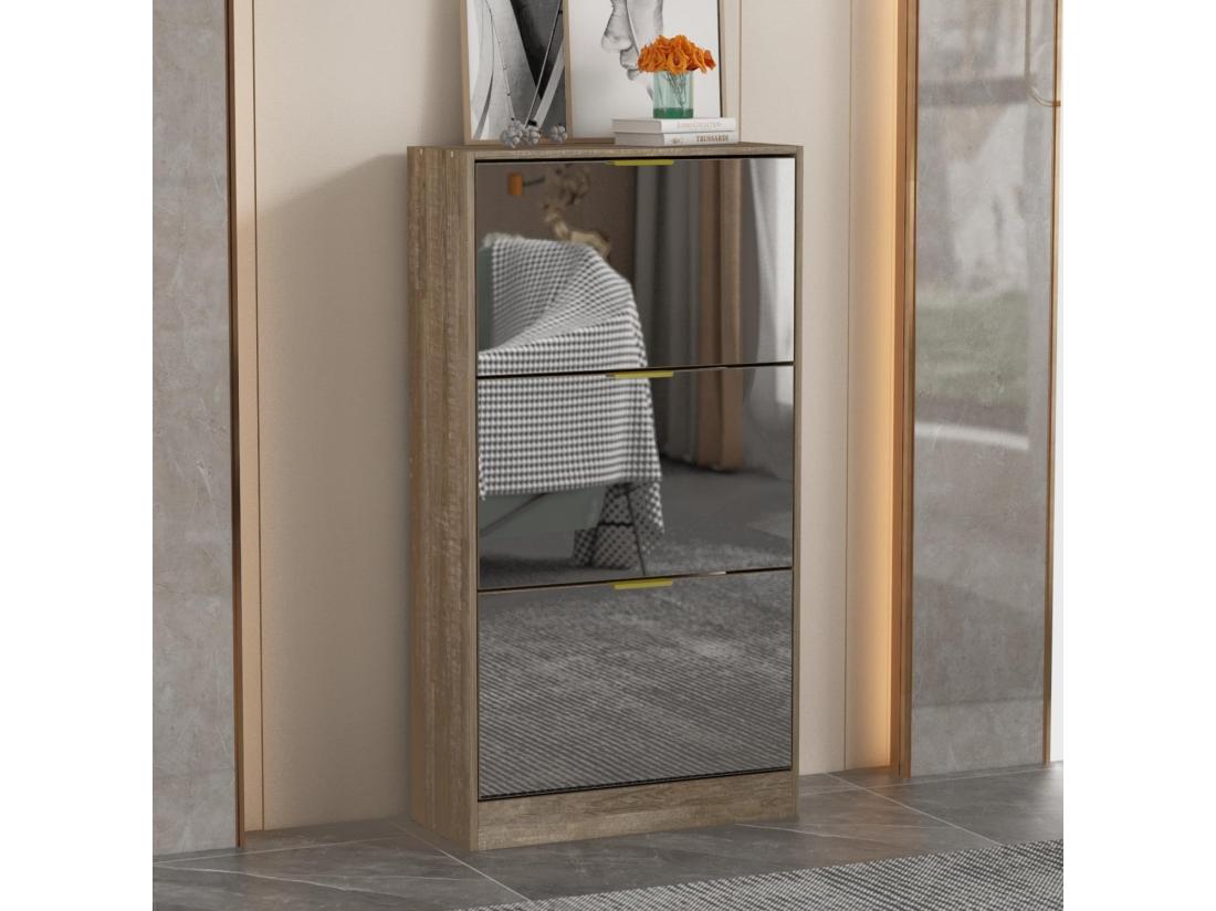 vente unique Meuble à chaussures miroir avec 3 abattants 5 niveaux 12 paires 107.5x54x24cm Bois