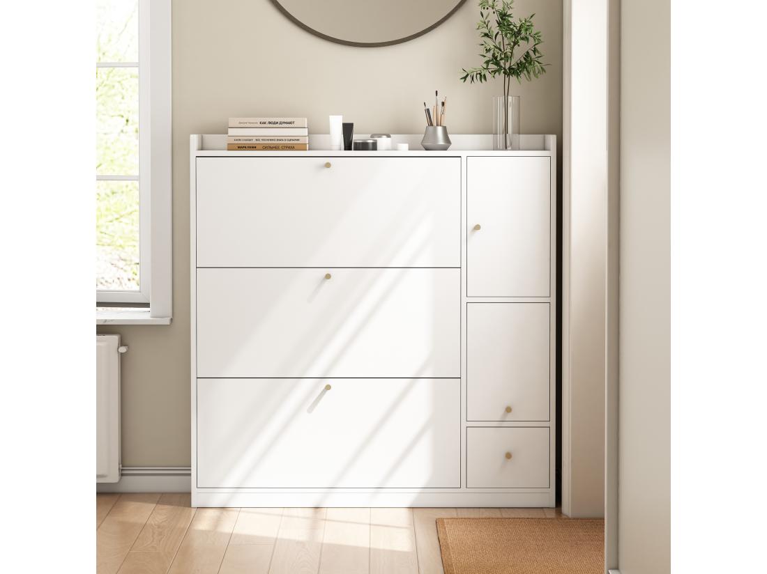 Vente Unique Meuble à Chaussures Multifonction 119x24x122cm - Avec 3 Tiroirs Rabattables - Avec Banc Rabattable - Avec Une Porte - Blanc